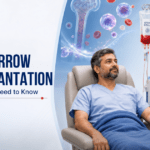 Banner image for bone marrow transplantation showing a patient receiving stem cell therapy with a healthcare professional.