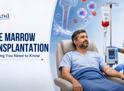 Banner image for bone marrow transplantation showing a patient receiving stem cell therapy with a healthcare professional.