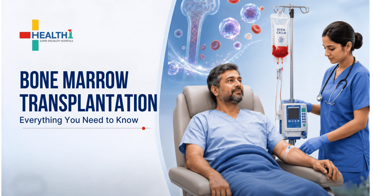 Banner image for bone marrow transplantation showing a patient receiving stem cell therapy with a healthcare professional.