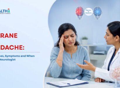 Indian female patient consulting a neurologist for migraine vs headache symptoms at Health1 Hospital Ahmedabad
