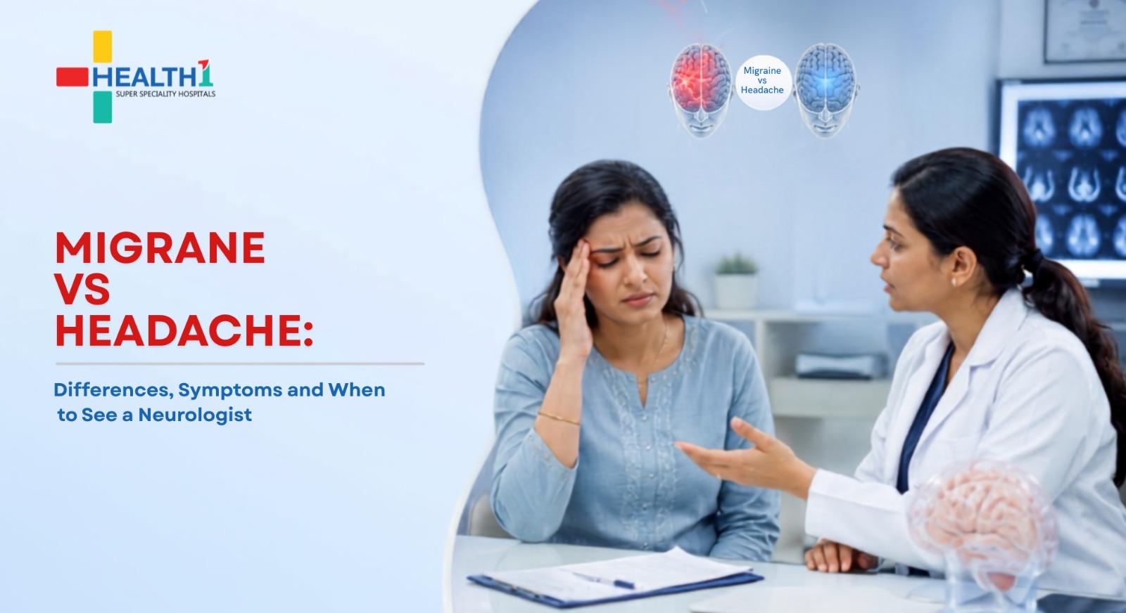 Indian female patient consulting a neurologist for migraine vs headache symptoms at Health1 Hospital Ahmedabad
