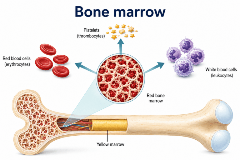 Illustration of bone marrow transplantation showing blood cells, stem cells, and bone marrow structure.