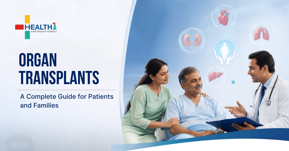 Organ transplant consultation at Health1 Ahmedabad with doctor discussing transplant treatment options with patient and family
