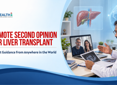 Indian liver transplant specialist reviewing medical reports during an online second-opinion consultation with an international patient.
