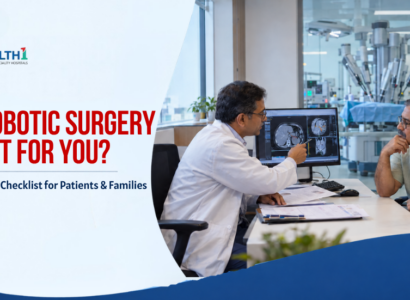 Indian surgeon discussing robotic surgery options with a patient and family at Health1 Hospital, Ahmedabad