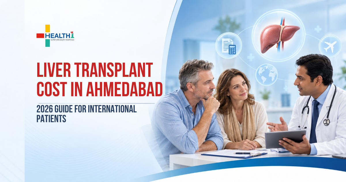 Indian patient and family member consulting a liver transplant specialist about liver transplant costs in Ahmedabad at Health1 Super Speciality Hospitals.